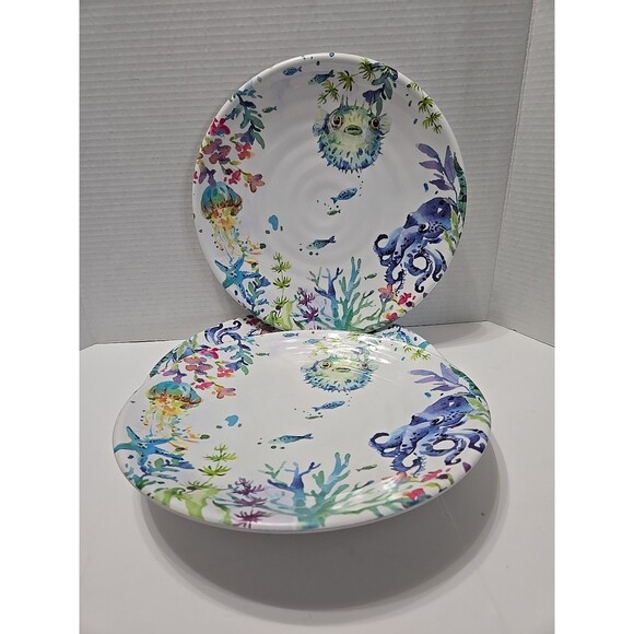 Pier 1 Imports Blow Fish Octopus Coral Sea  Life Melamine 5 Plates Nautical Disc - Picture 1 of 7